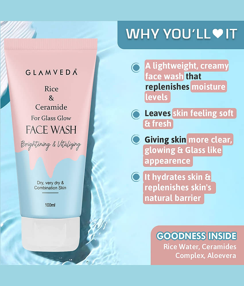 Glamveda Rice & Ceramide Korean Glass Skin Combo Gift Pack | Skin Brightening & Anti Dullness | Face Wash, Facial Kit & Peel Off Mask view 2