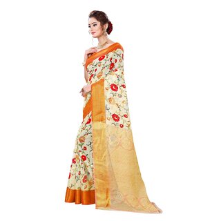 Yellow Colour Flower Printed Cotton Saree With Blouse Piece view 2