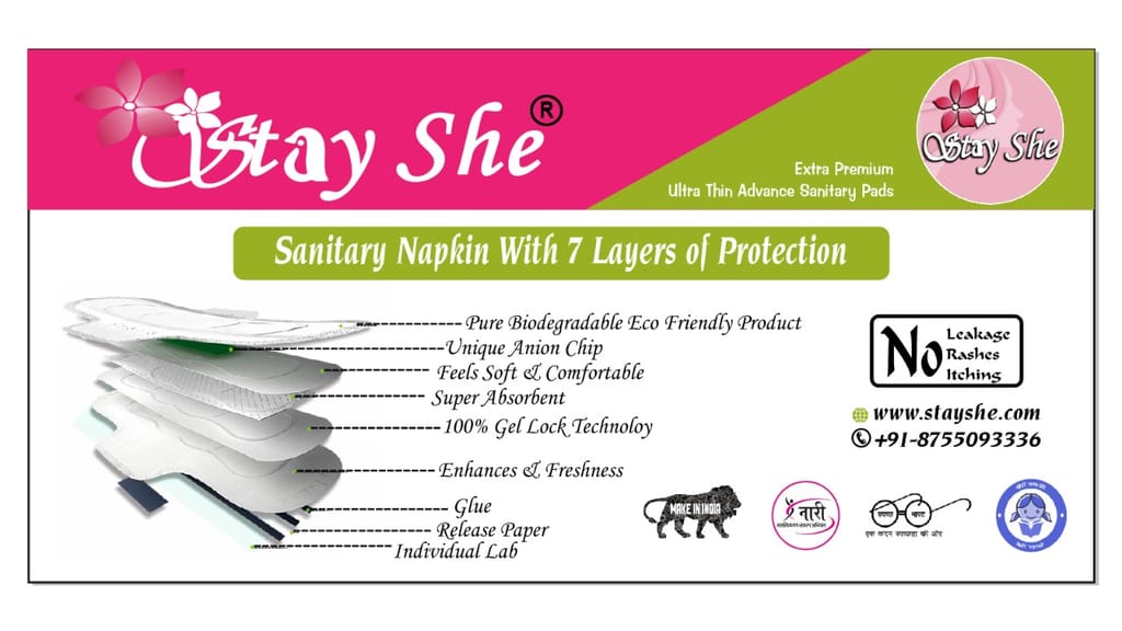 Stay She Ultra Thin Advance Sanitary Pads with Anion Emission Band - 7 Pads of XXL 320mm with 100% Organic Cotton Top Sheet (Biodegradable) - Pack of 2 view 2
