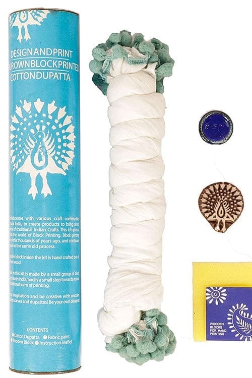 DIY Block Print Your Own Dupatta kit Blue Peacock view 2