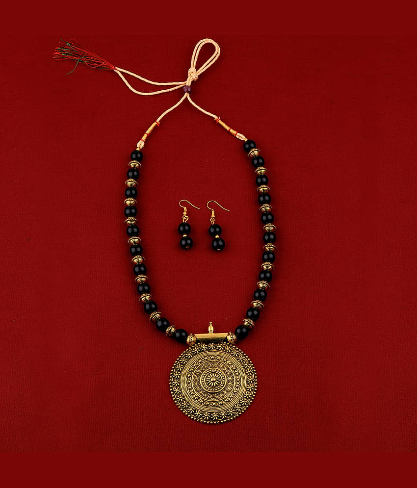SILVERSHINE Traditional Designer Gold Oxidised Big Pendant Black Pearl mala set for Women girl view 2