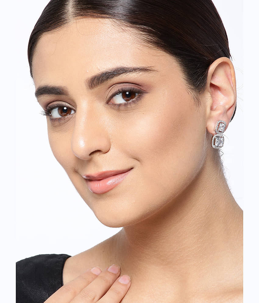Priyaasi Silver-Plated American Diamond Studded Drop Earrings for Girls & Women view 2