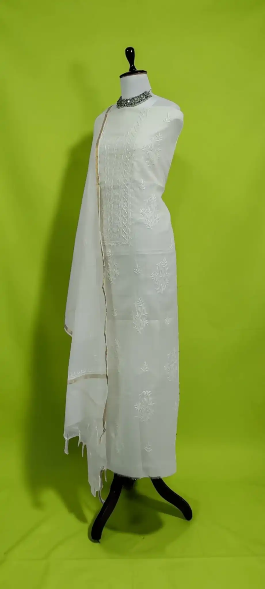 Lucknow Chikankari Mul Cotton Dress Material with Dupatta, White & Ivory view 2