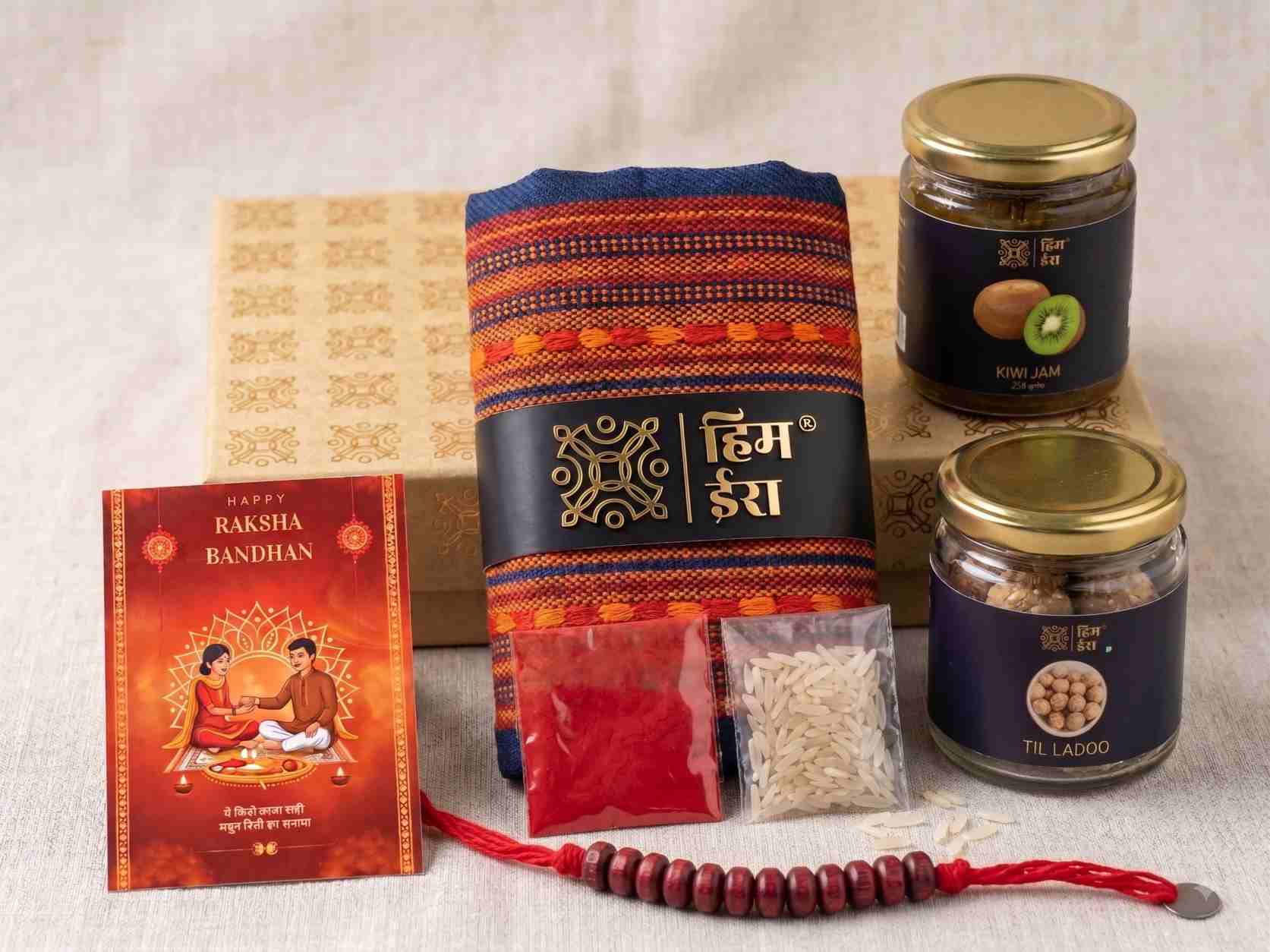 Rakhi Gourmet Hamper with Warm Muffler, Fruit Preserve & Til Laddus view 2