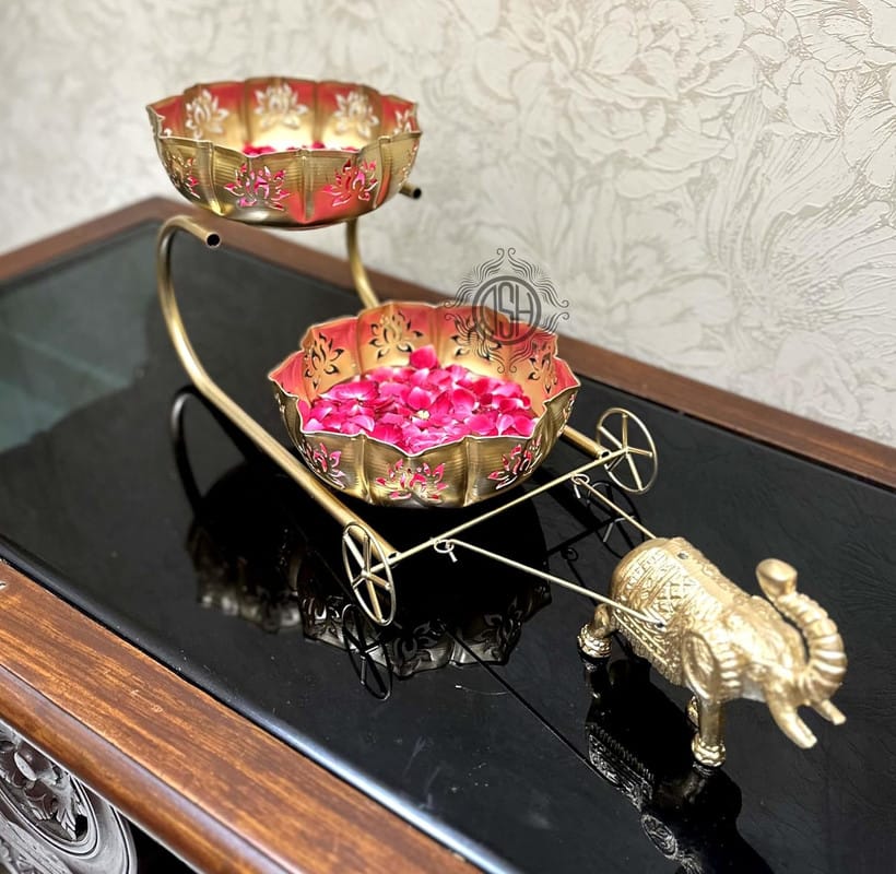 Urli Bowl Elephant Baggi Cart for Floating Flowers and Tea Light Candles for Diwali Home Decoration (27-Elephant cart-Kamal) view 2