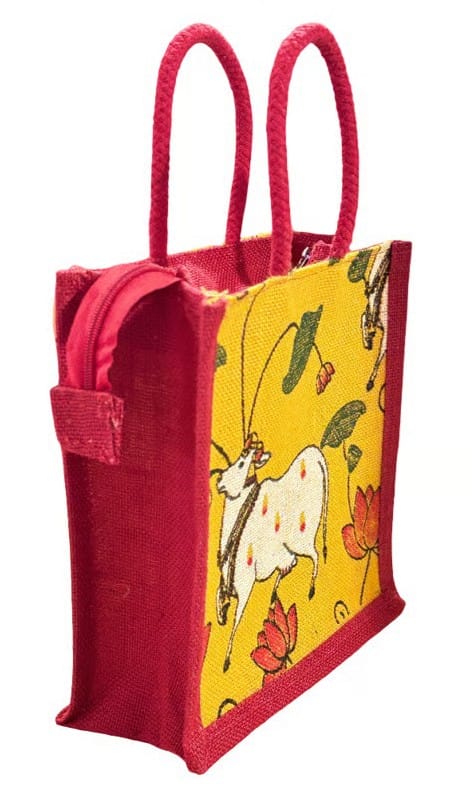 Eco-Friendly Jute Tote Bag with Sacred Kamadhenu Cow & Lotus Print view 2