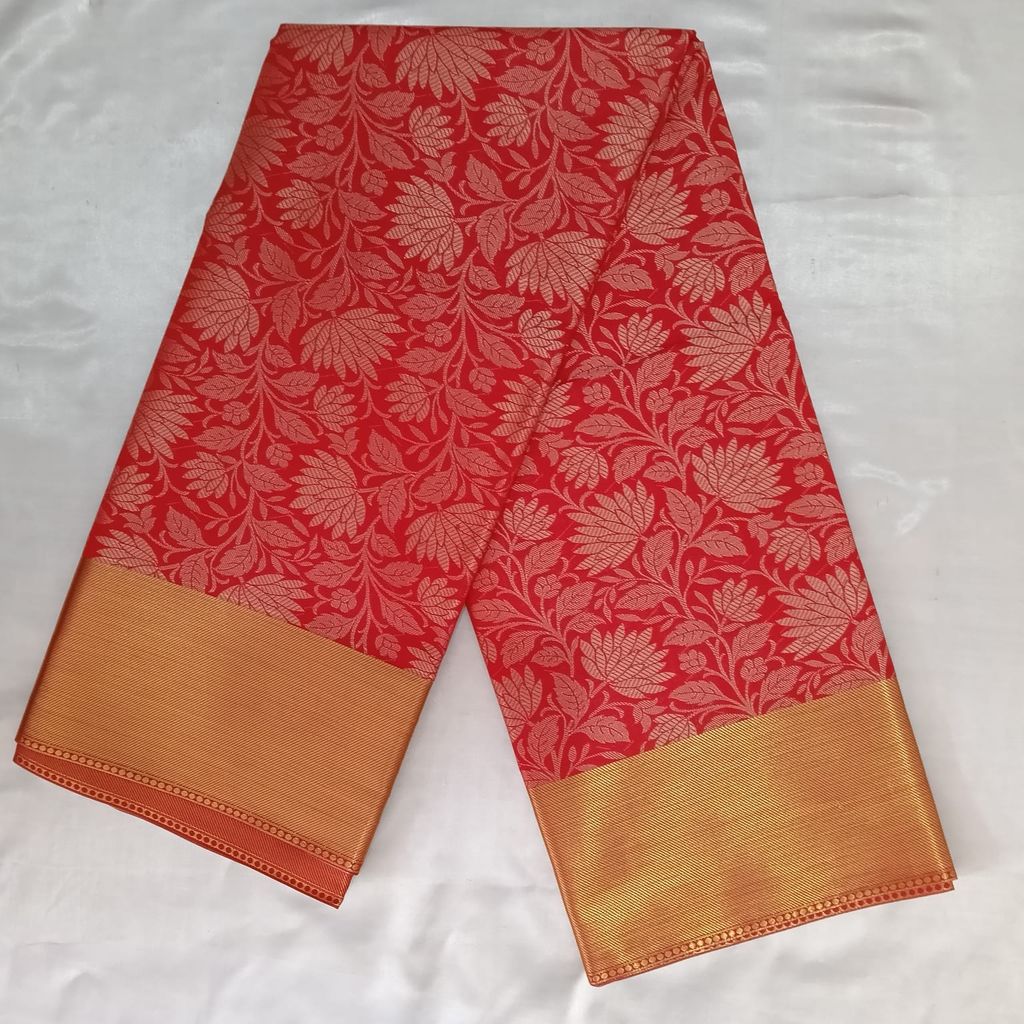 Vibrant Red Silk Saree with Golden Zari Floral Weave & Rich Border view 2