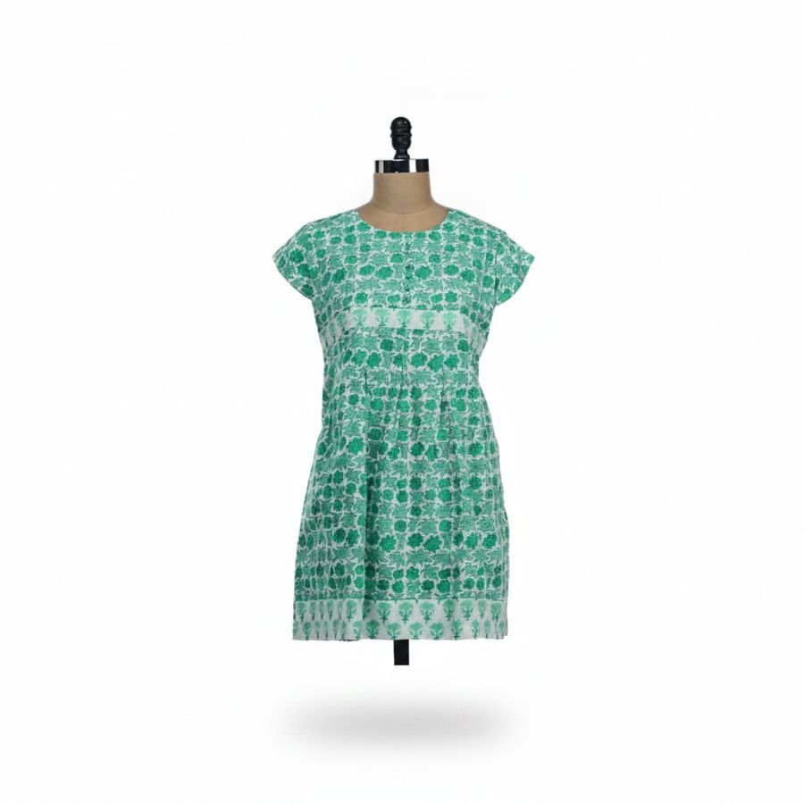 Women's Green and White Printed Short Dress view 2