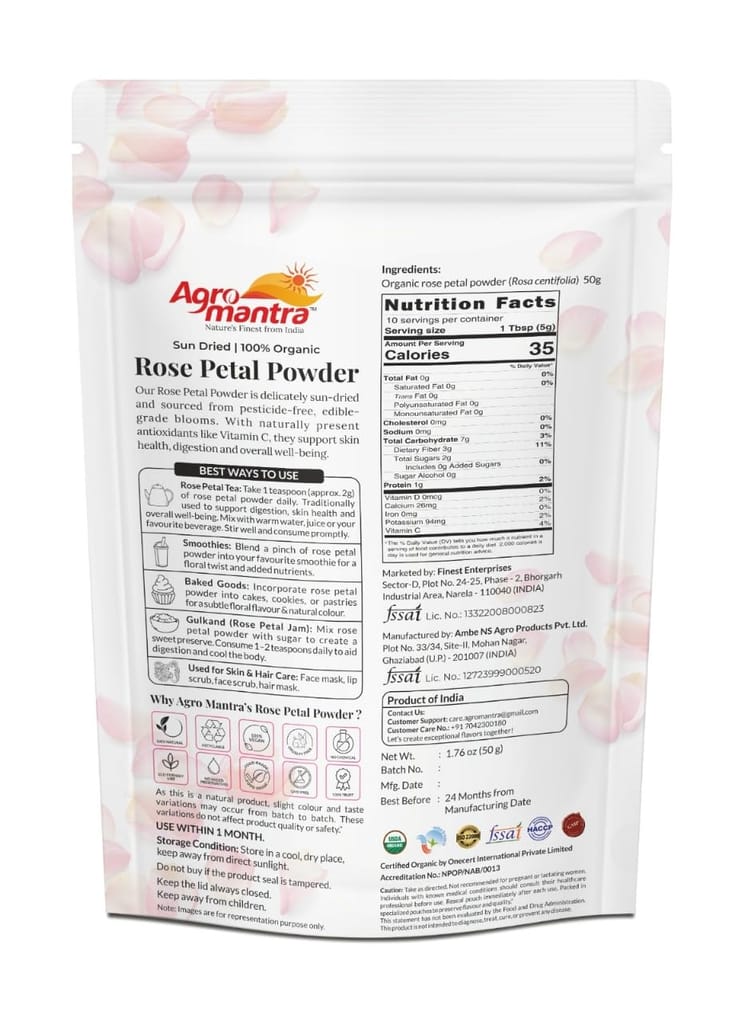 Agro Mantra USDA Organic Rose Petal Powder | 100% Sun-Dried & Edible Grade | For Tea, Smoothies, Baking, Therapy & Skincare | Non-GMO, Vegan, Gluten-Free |50g view 2