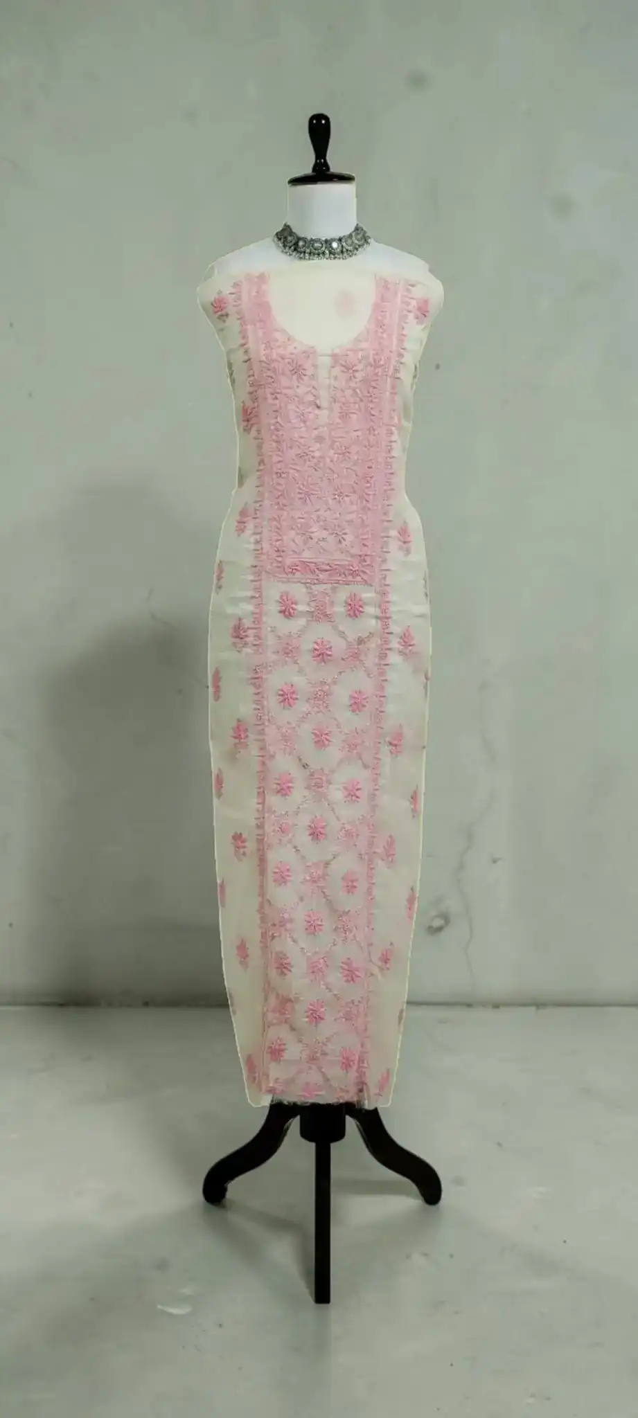 White Mul Cotton Chikankari Dress Material with Hand Embroidered Dupatta view 2