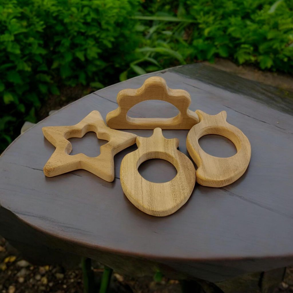 Neemtoys Neem Wooden Pack of 4 Teethers for Babies of Age 0 to 3 Years, Star, Cloud, Strawberry and Mango Shapes Teether, Teething Toy for Babies with Multiple Textured Surface (Brown) view 2