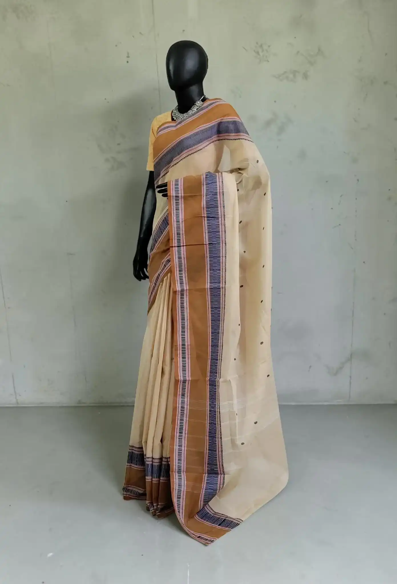 Handwoven Kanchipuram Cotton-Silk Saree in Tan with Blue Striped Border view 2