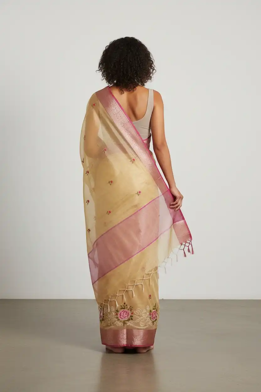 Light Sandal Kota Doria Cotton-Silk Saree with Zari Border and Blouse view 2
