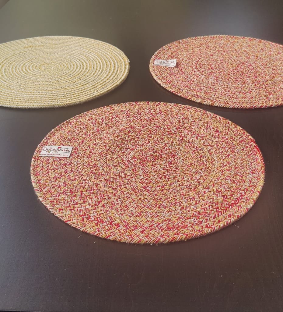 Round table mats cotton placemats (pack of 3) | Dining table mats 14", Heat Resistant, Reversible Use (Yellow/Red) by Bulky Santa view 2