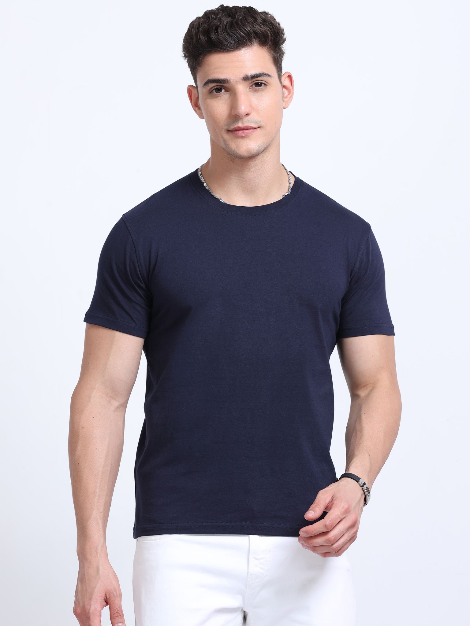 Cotton T-Shirt | Ultrafine Single Jersey | 180 GSM | Biowashed | Eco-Friendly | 100% cotton | Plain tshirt | Navy Blue Colour | Size - L (42 Chest / 28 length ) view 2
