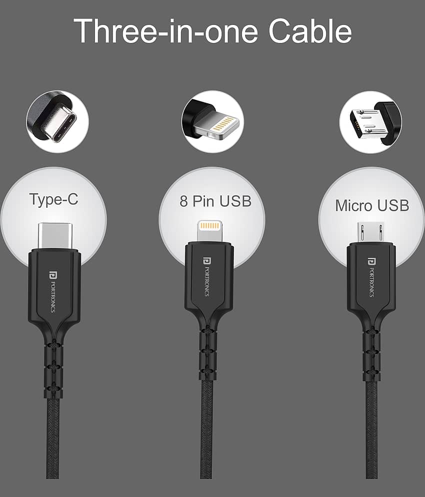 Portronics Konnect A Trio:3-in-1 Multi Functional Cable ,Black (POR 1313) view 2