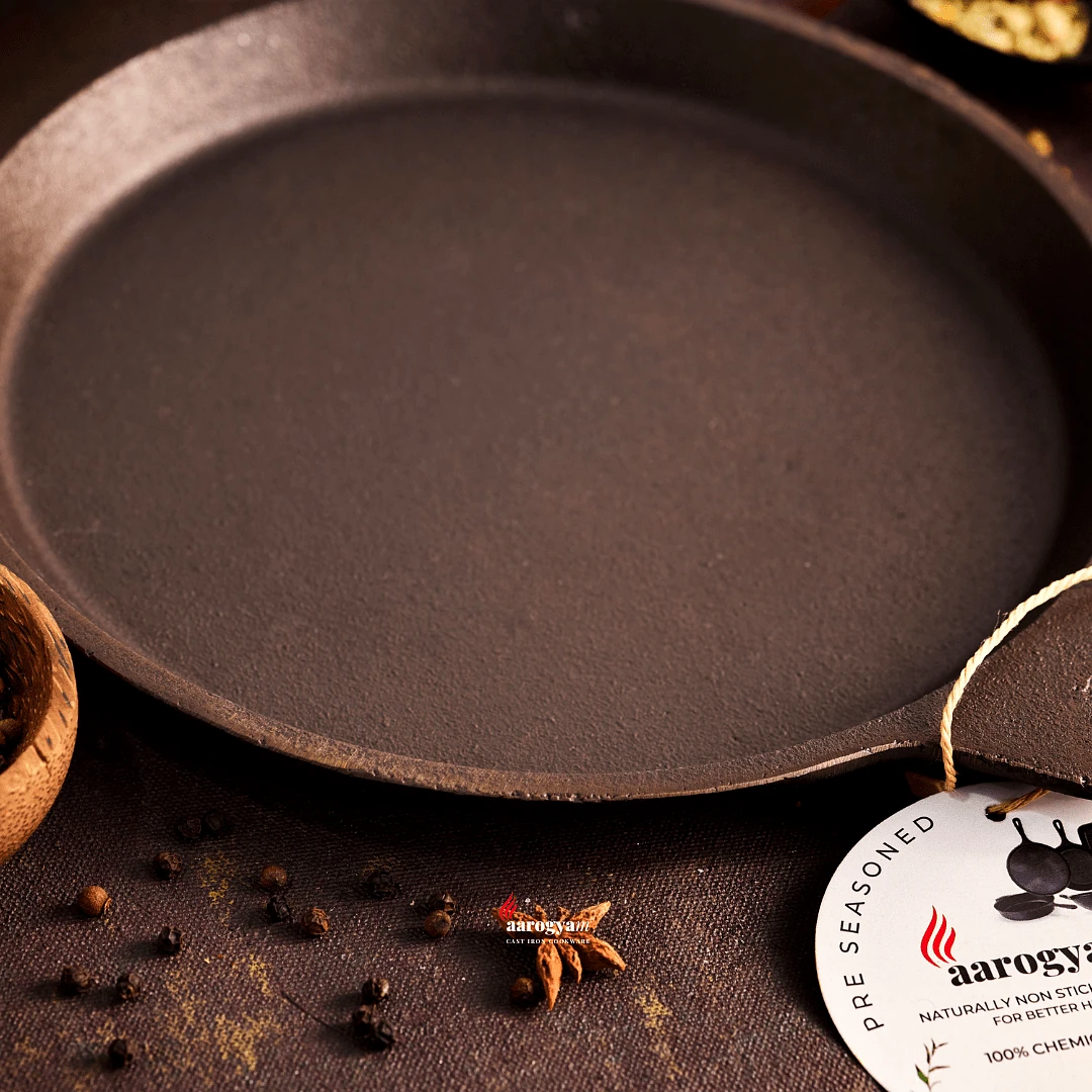 Aarogyam Cast Iron Shallow Fry Pan (Rough) , Pre-Seasoned 10 inch Diameter (25cm), Naturally Non-stick, Toxin-Free, Gas & Induction Compatible, Weight- 1.3 kg (Colour - Black) by Aarogyam - The Cast Iron Shop view 2