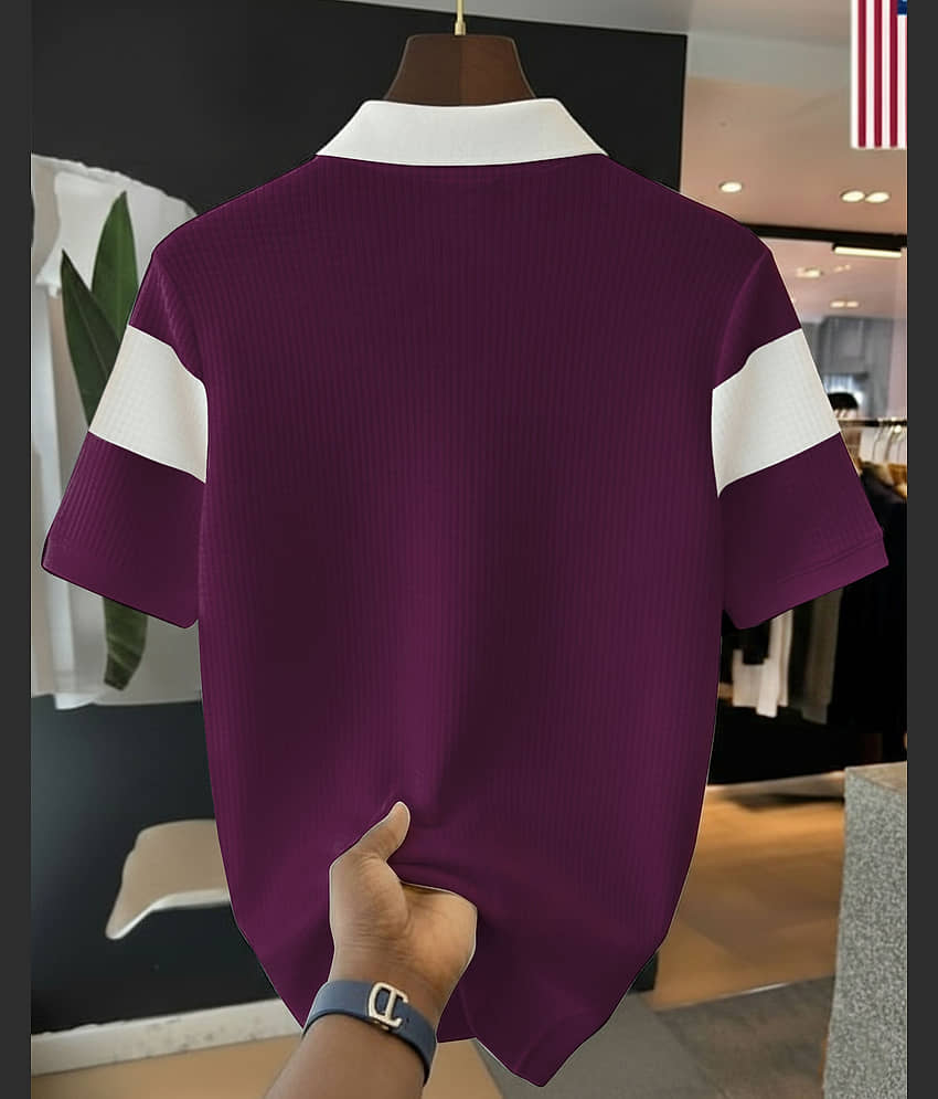 AOOSH Men Cotton Blend Regular Fit Striped Polo T Shirt ( Purple ) view 2