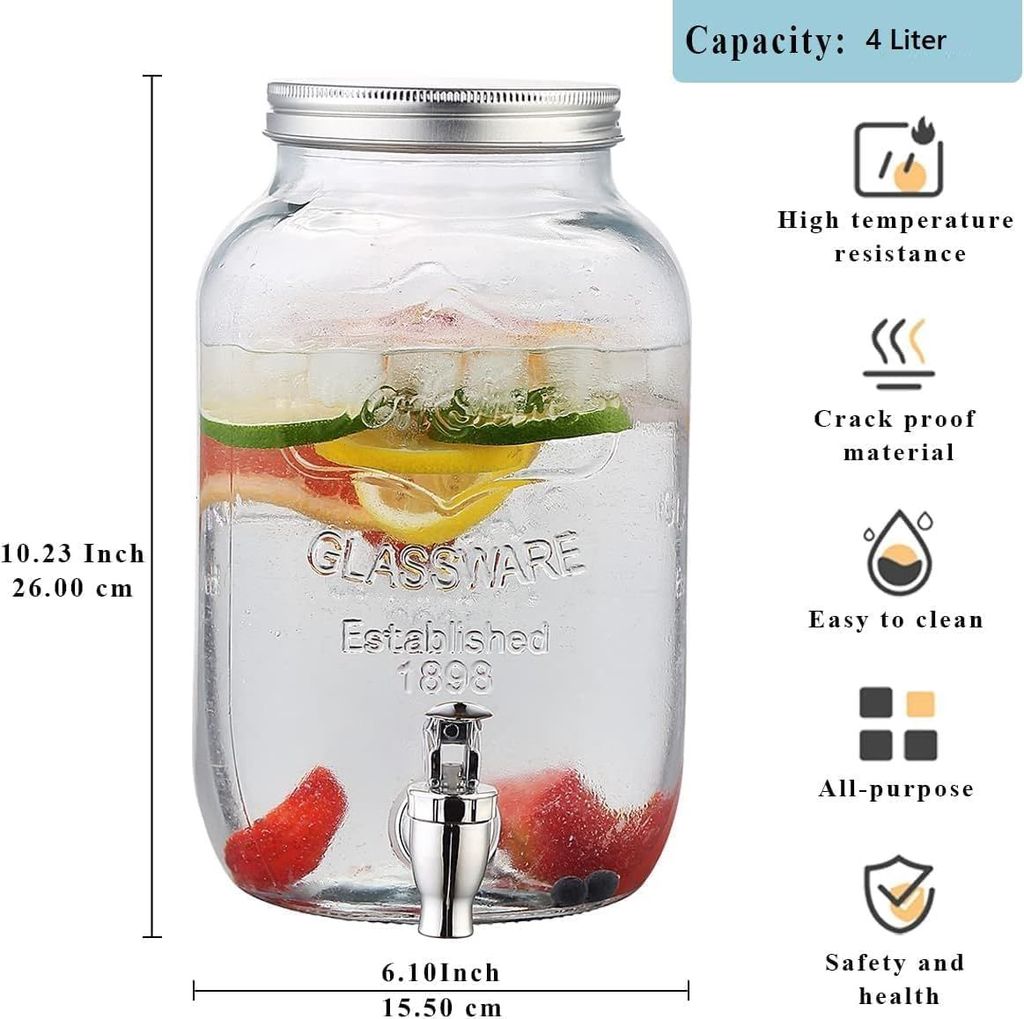 Glass Iced Drink Dispensers with Spout and Tap Steel Lid | Cold Beverage Dispenser for Beer, Water, Cocktails, and More | Capacity 3 litres view 2