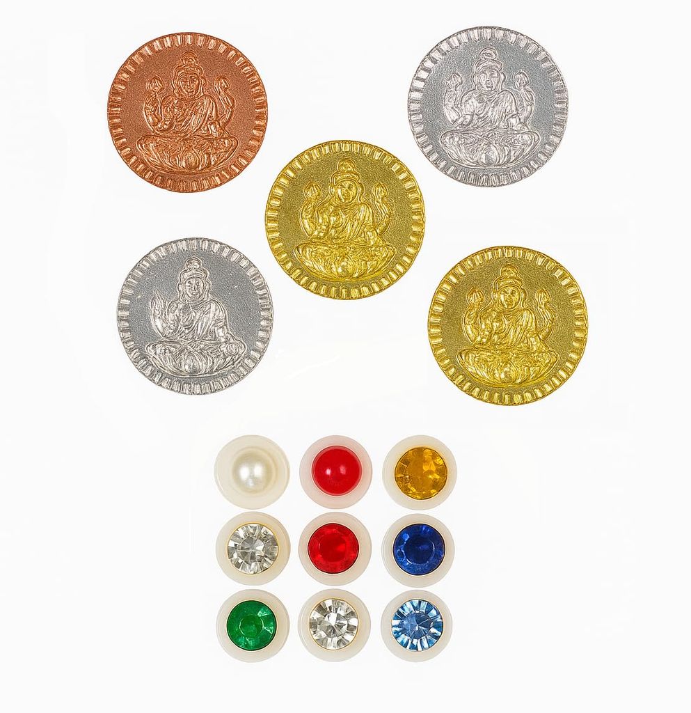 Navarathna Panchaloha Pooja Kit (Set of 3) � Panchalogam Lakshmi Coins and Navaratna Gemstones for Positive Energy and Ritual Balance � Traditional Vaasthu and Bhoomi Pooja Set view 2