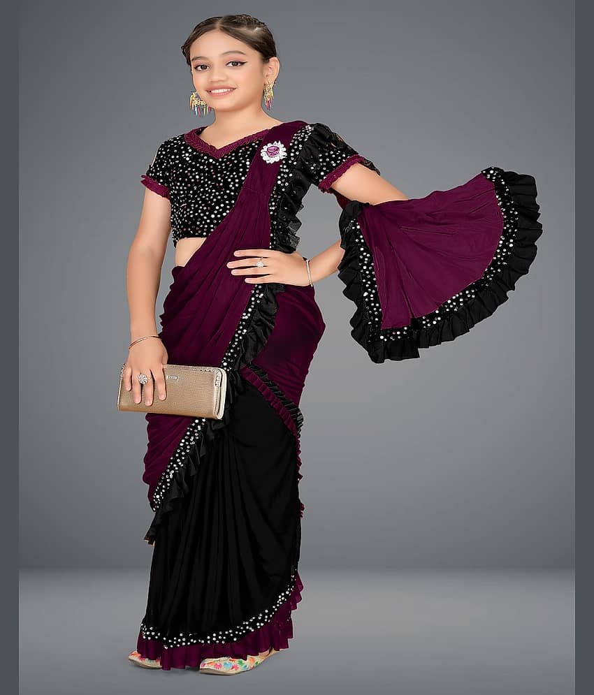 HARPITA Lycra Classic Saree For Girls ( Wine , Pack of 1 ) view 2
