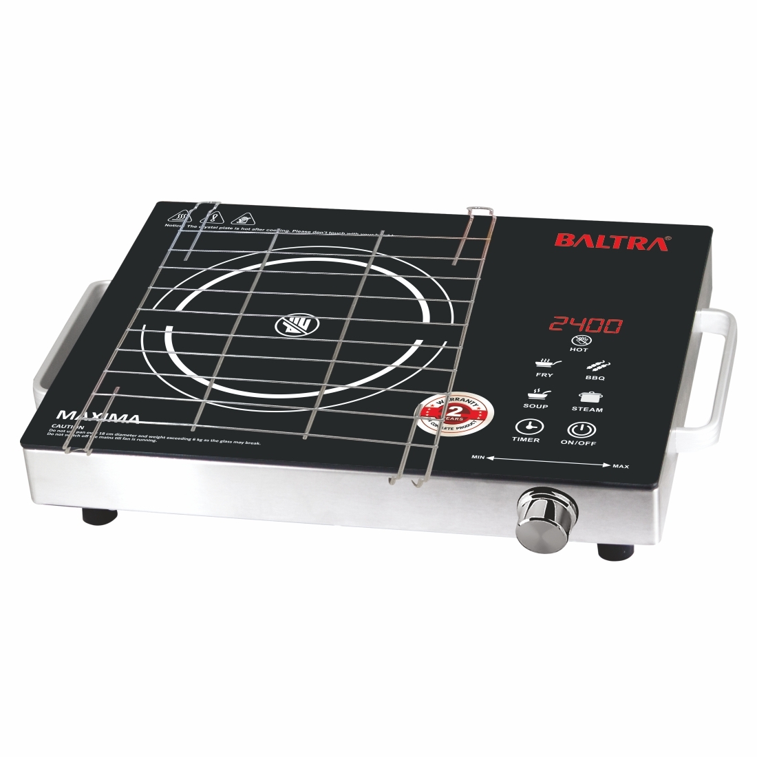 BALTRA 2400W Infrared Induction Cooktop with Free Grill for BBQ Touch Control 4 Preset Cooking Modes Auto Cut-Off & 5KV Surge Protection - Black