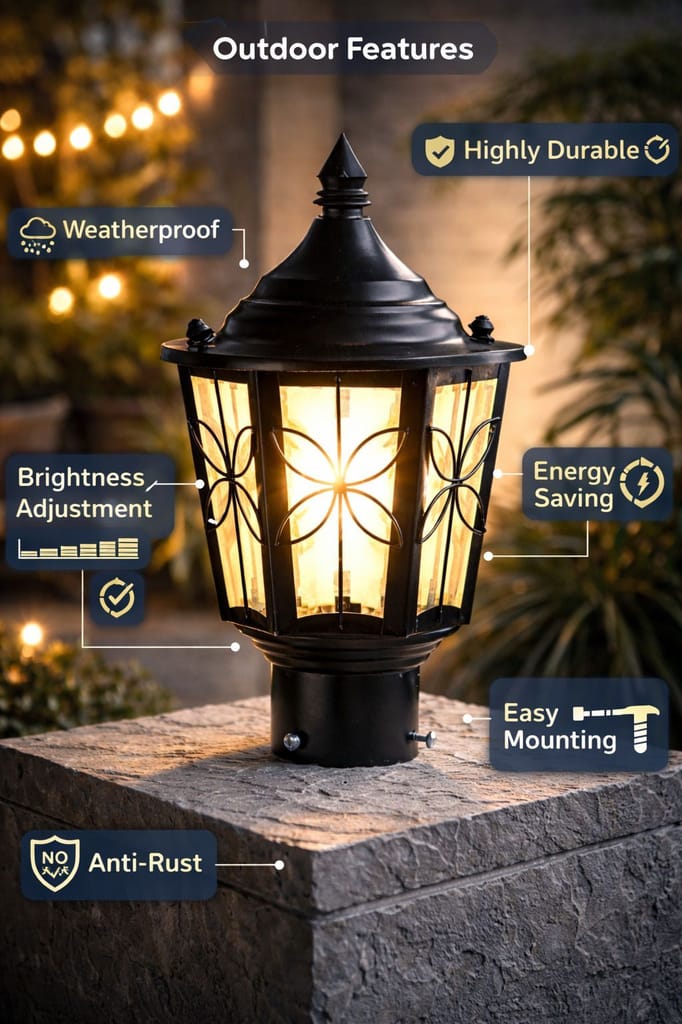 SPARKWORLD Waterproof Maharaja Round Outdoor Gate Light | Black Finish Garden Lamp for Gate, Pole & Outdoor Use Clear Glass | Colour: 522 Gate Light view 2