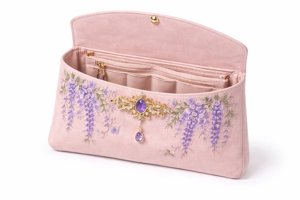 Women's Floral Embroidered Suede Envelope Clutch with Jeweled Embellishment view 2