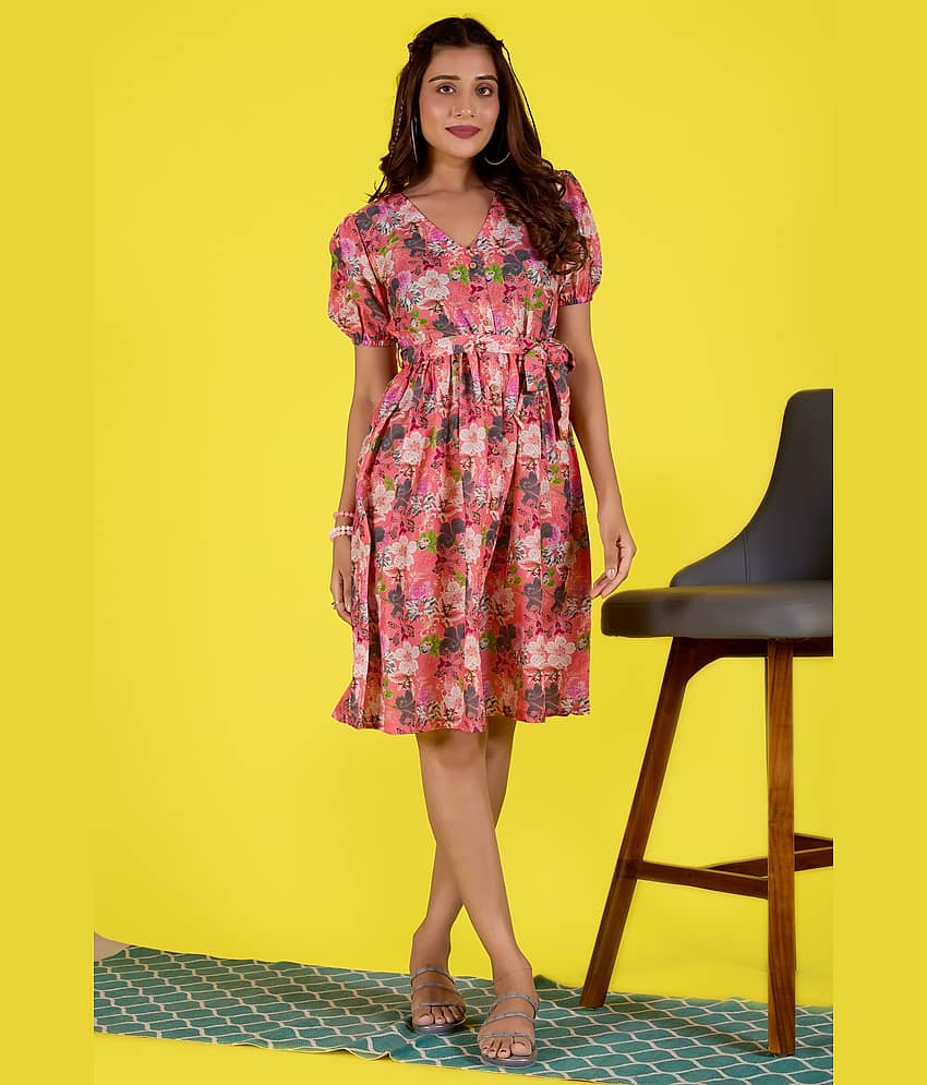 Amarasha Women Cotton Blend Printed Fit & Flare Dress ( Pink )
