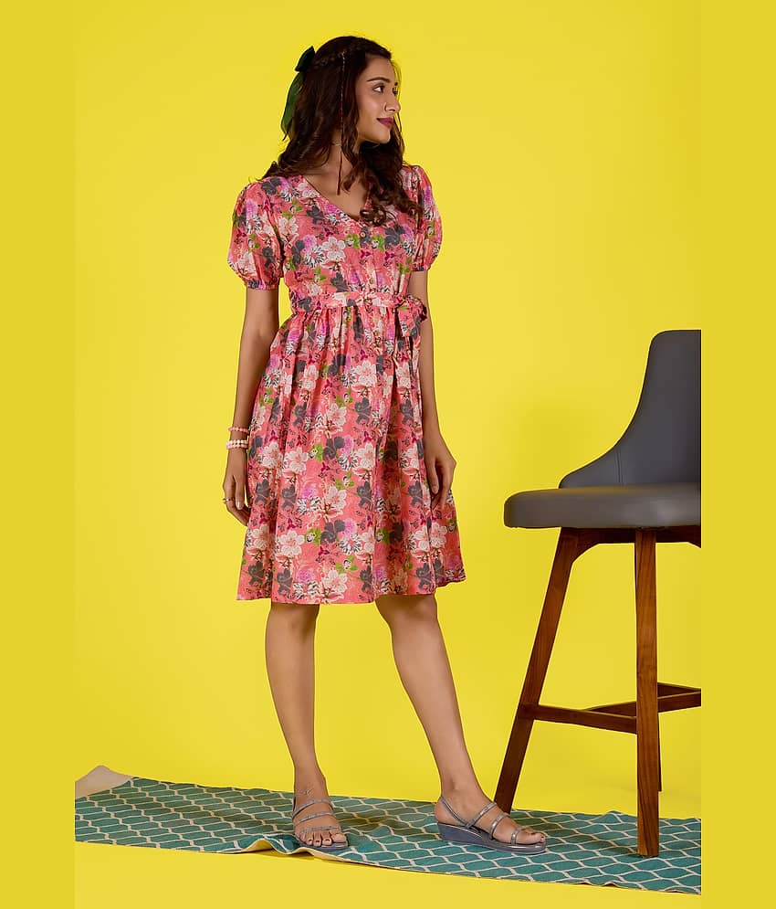 Amarasha Women Cotton Blend Printed Fit & Flare Dress ( Pink ) view 2