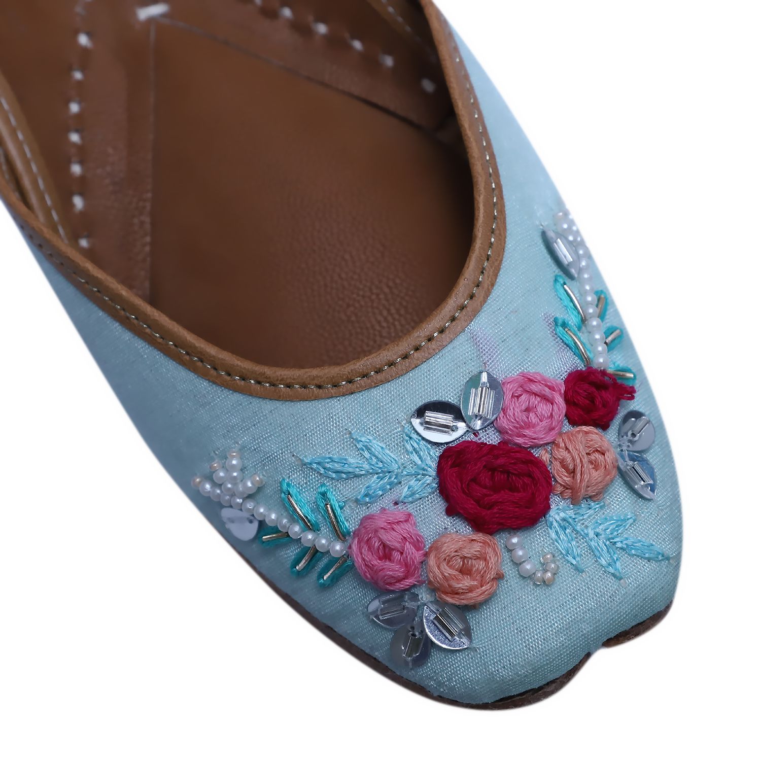 RSK ETHNIC WEAR, Sky Blue Color Embroidered Handmade Jutti for Women with Soft Leather and Double Cushion view 2