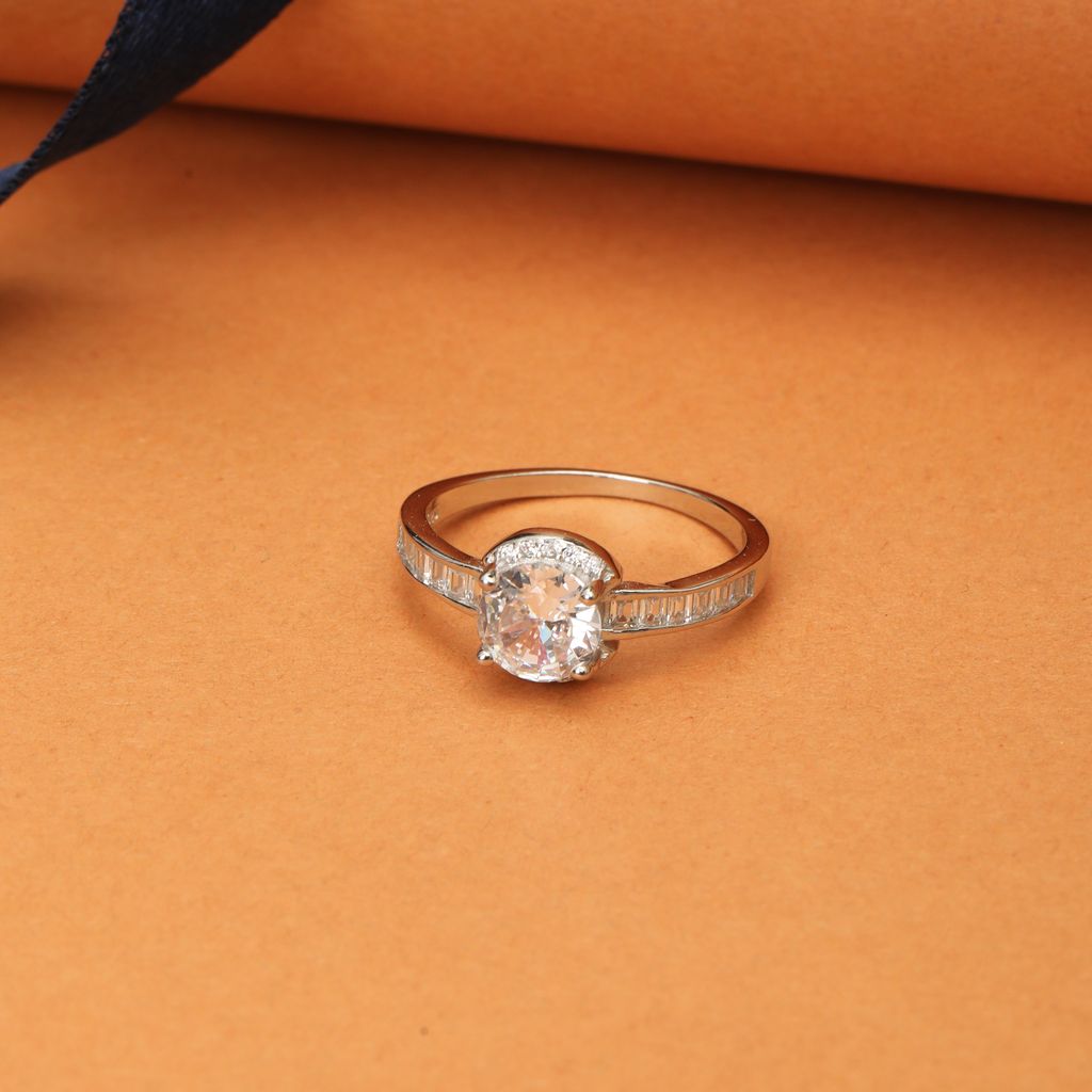 Round Solitaire Ring with Halo & Baguette Side Stones | Silver-Toned CZ Engagement Ring for Women I Weight - 3.05 gram view 2