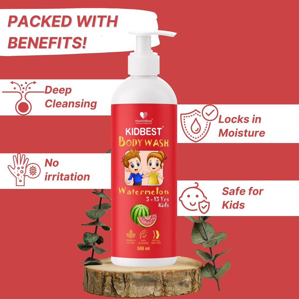 HealthBest Kid's Top to Toe Body Wash 500ml - Watermelon Scent - Tear-Free, Anti-Bacterial, Paraben & SLS-Free - Gentle for Normal, Sensitive & Dry Skin - Baby, Toddler & Child Body Wash view 2