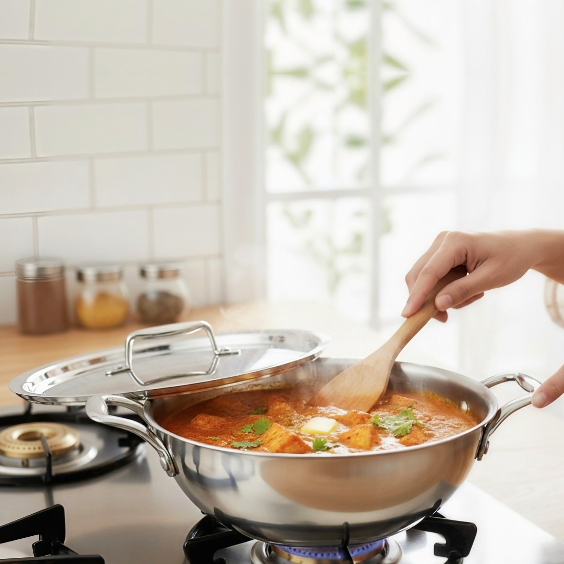 BALTRA Triply Stainless Steel Kadai / Kadhai with Steel Lid Induction Friendly Nonstick 3lyr Body, 100% Toxin-Free, No Chemical Coating (3.5L (26cm) view 2