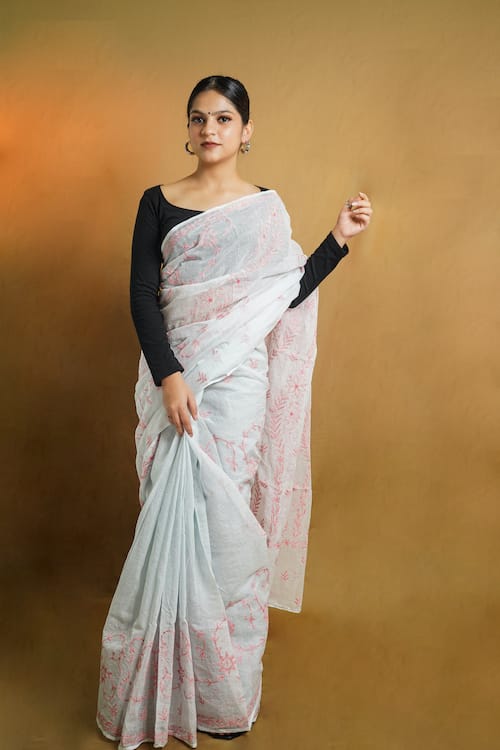 Shwet Sky Blue Chikankari Kota Cotton Saree