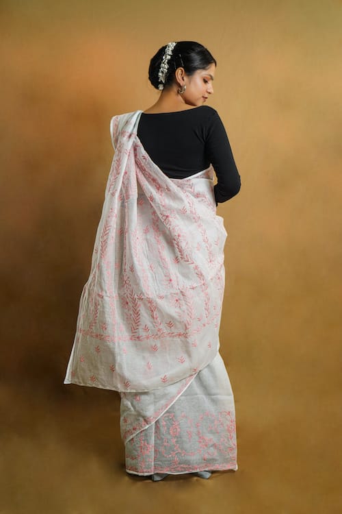 Shwet Sky Blue Chikankari Kota Cotton Saree view 2