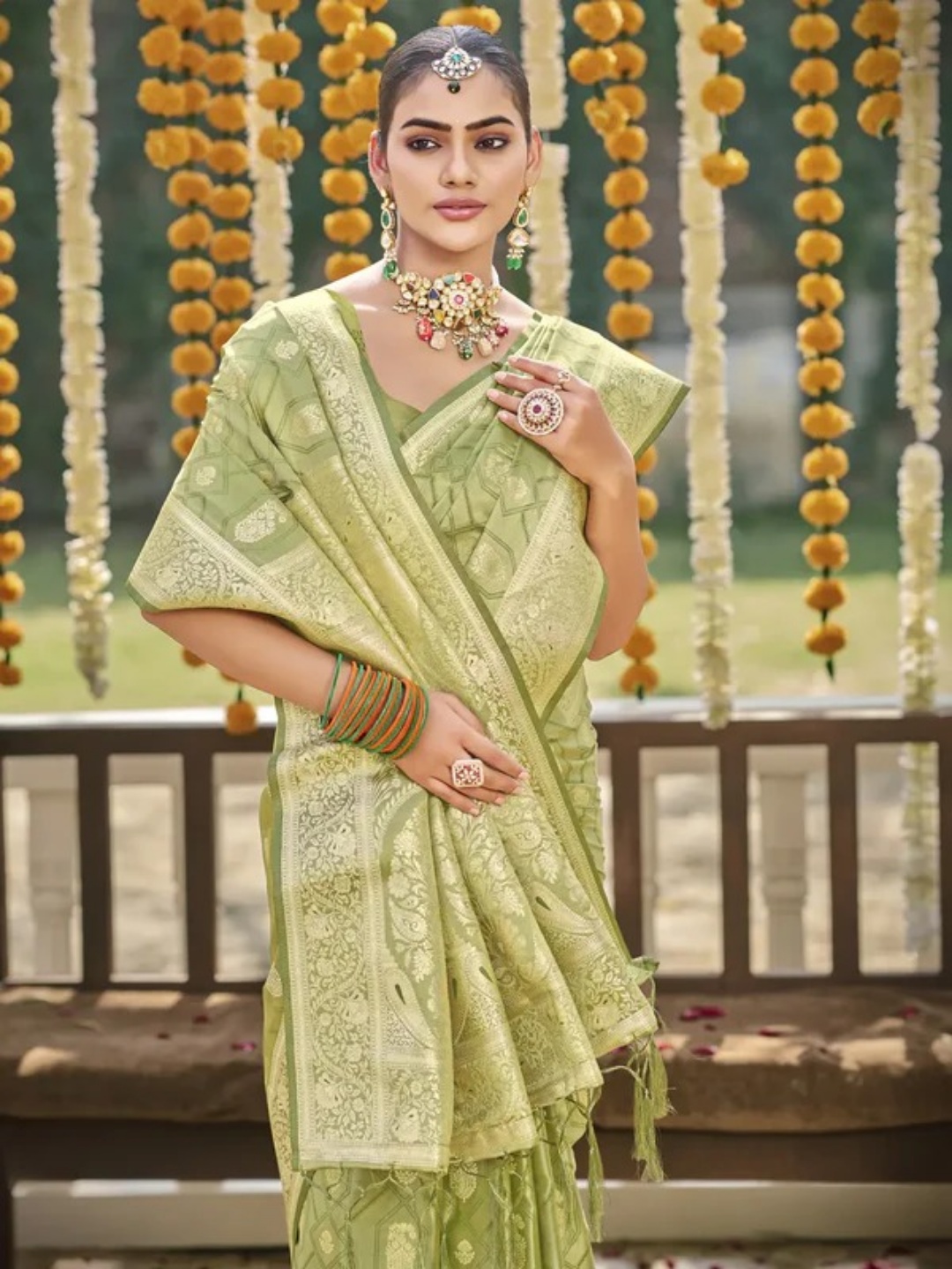 Light Green Satin Silk Saree view 2