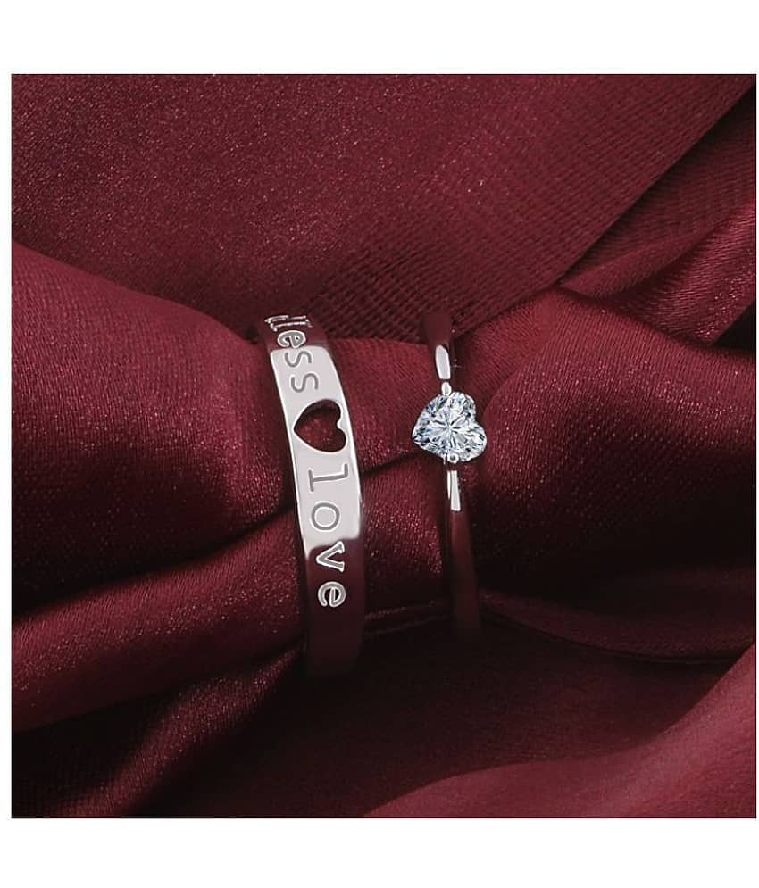 Silver Shine Silver Plated Solitaire 'Endless Love' Heart Adjustable Couple ring for Men and Women,Couple ring for Girls and Boys-2 pieces view 2