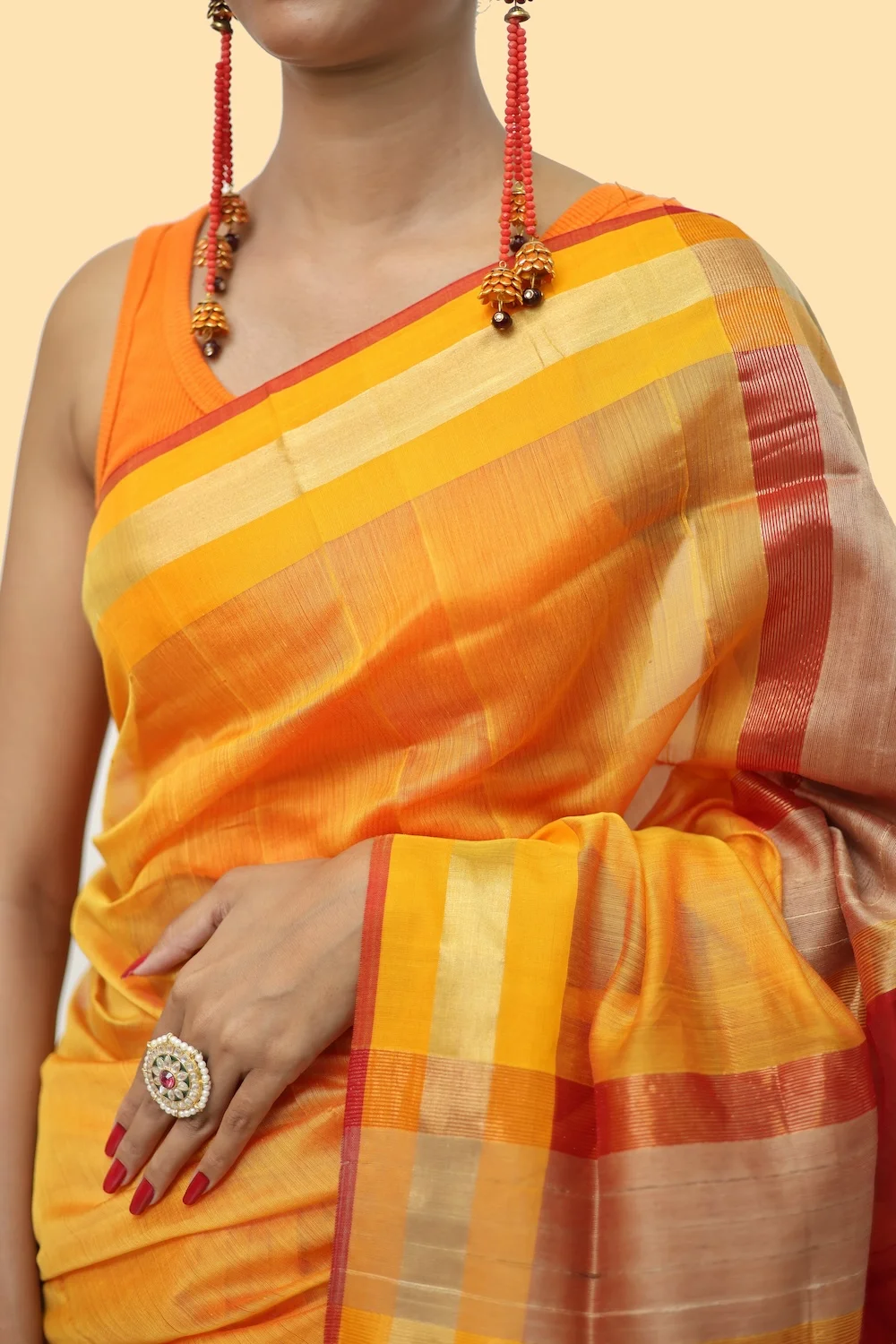 Epic Ivory Kosa Pallu Yellow Red handloom Saree with Tassels view 2