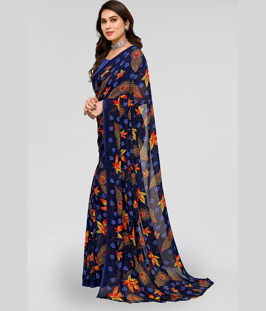 ANAND SAREES Georgette Printed Saree With Unstitched Blouse Piece ( Navy Blue ) view 2