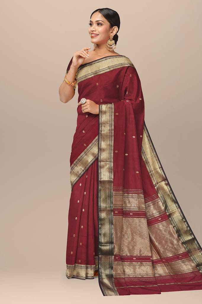Ruby Red Handwoven Mulberry Sausar Silk With Rui Buti And Zari Border Saree SKU-BS10157 view 2