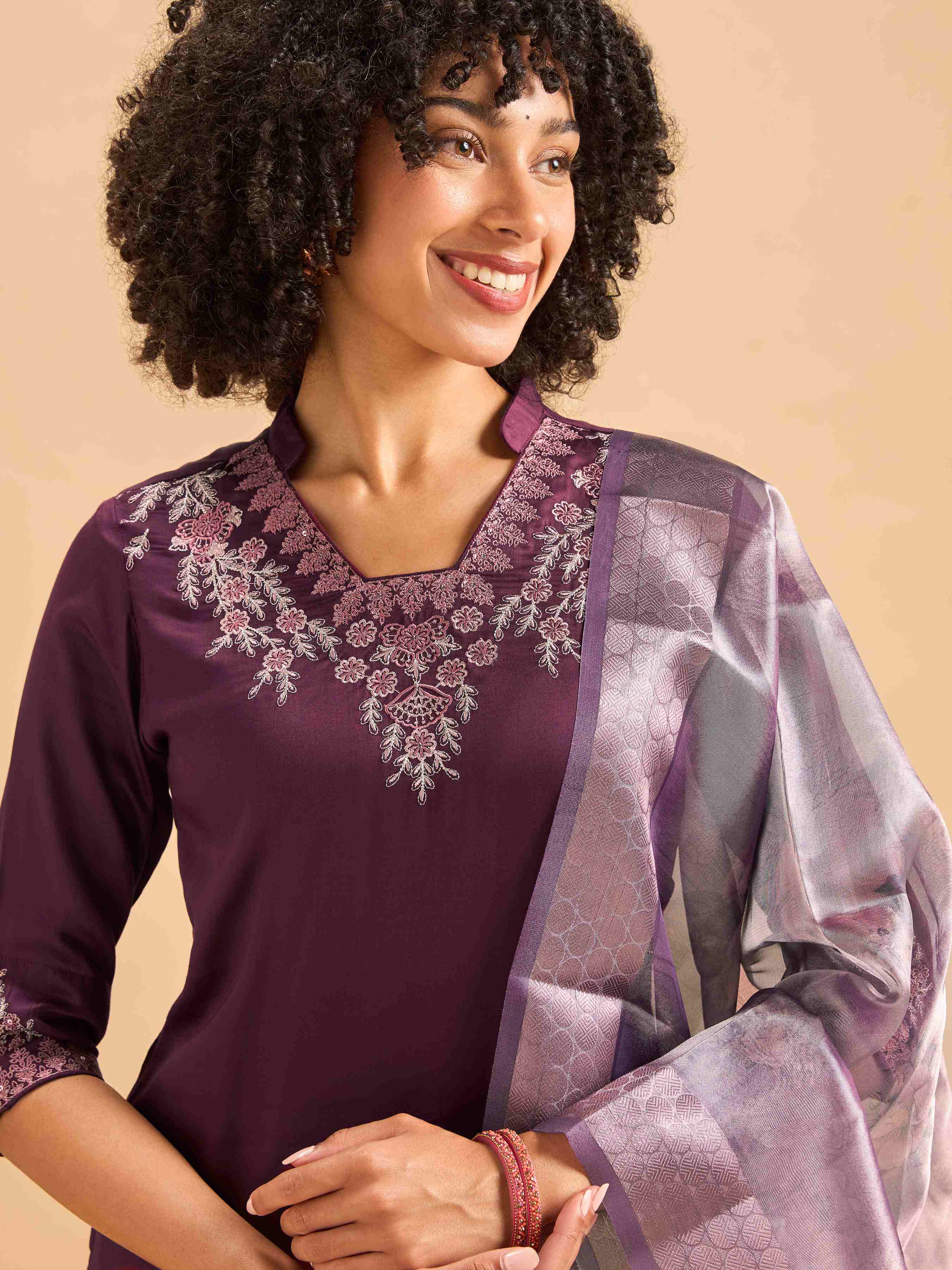 Magenta Modal Satin Kurti Set & Dupatta With Sequins Embroidery view 2