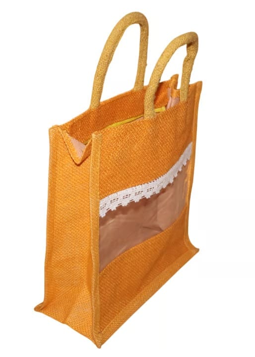 Orange Jute Bag with White Lace and Transparent Window view 2