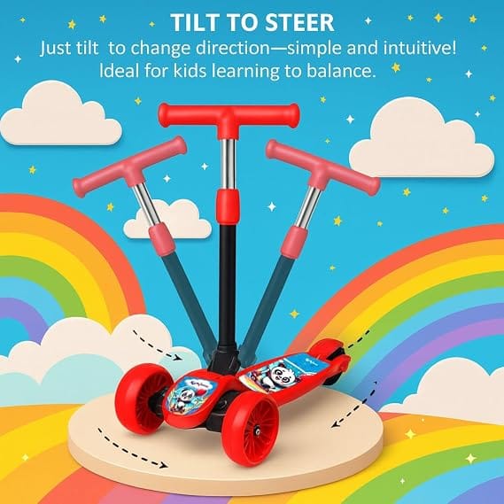 Kids Scooter Panda - 3 PVC Wheel Kick for Kids with Adjustable Foldable Design, Skating Style Alternative to Cycle, Ideal Up to 50 Kg,Red view 2