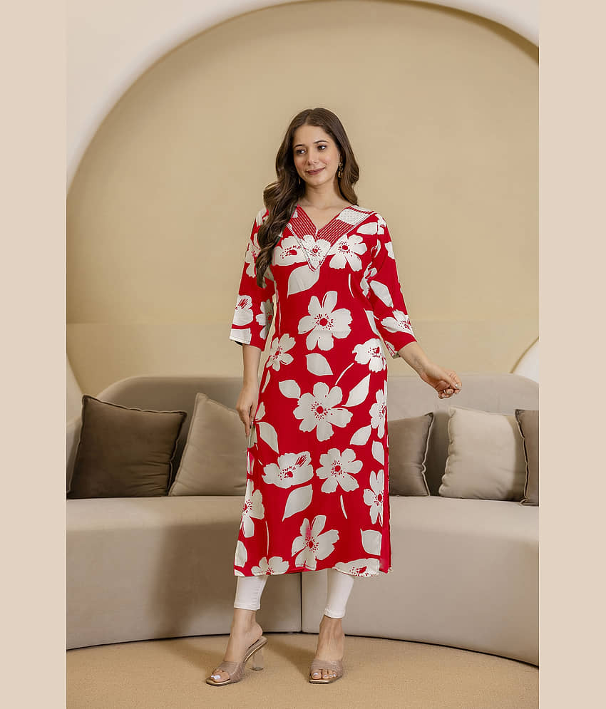 Kapadia Women Rayon Embroidered Straight Kurti ( Red ) view 2
