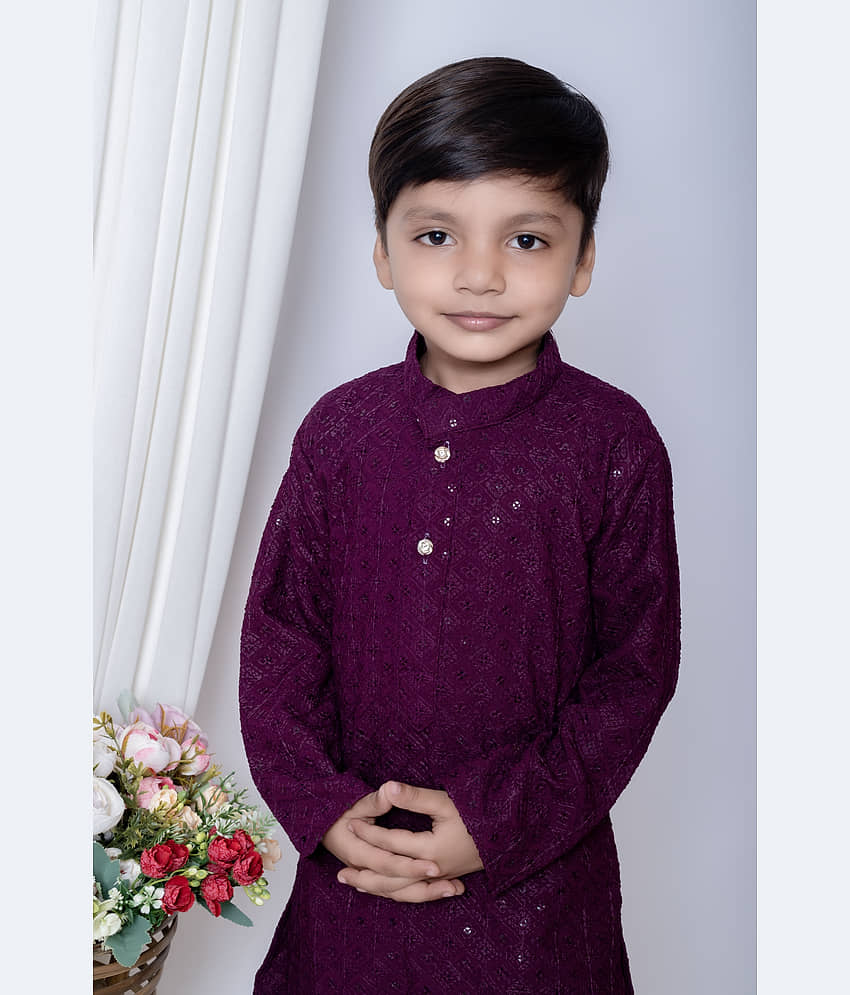 New Collection Boys Chanderi Sequined - Pattern Kurta Pant Set ( Dark Blue , Pack of 1 ) view 2