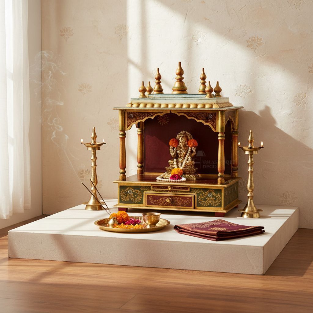 Indian Painted Wooden Pooja Temple-Wall Mandir view 2