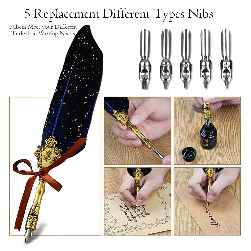 Quill Pen and Ink Set, Calligraphy Feather Pen with Wax Seal Stamp, Includes Feather Dip Pen, Ink, 5 Replacement Nibs, 3 Wax Seal Sticks,Pen Nib Base,Seal Stamp, White Wax,Spoon (blue) view 2