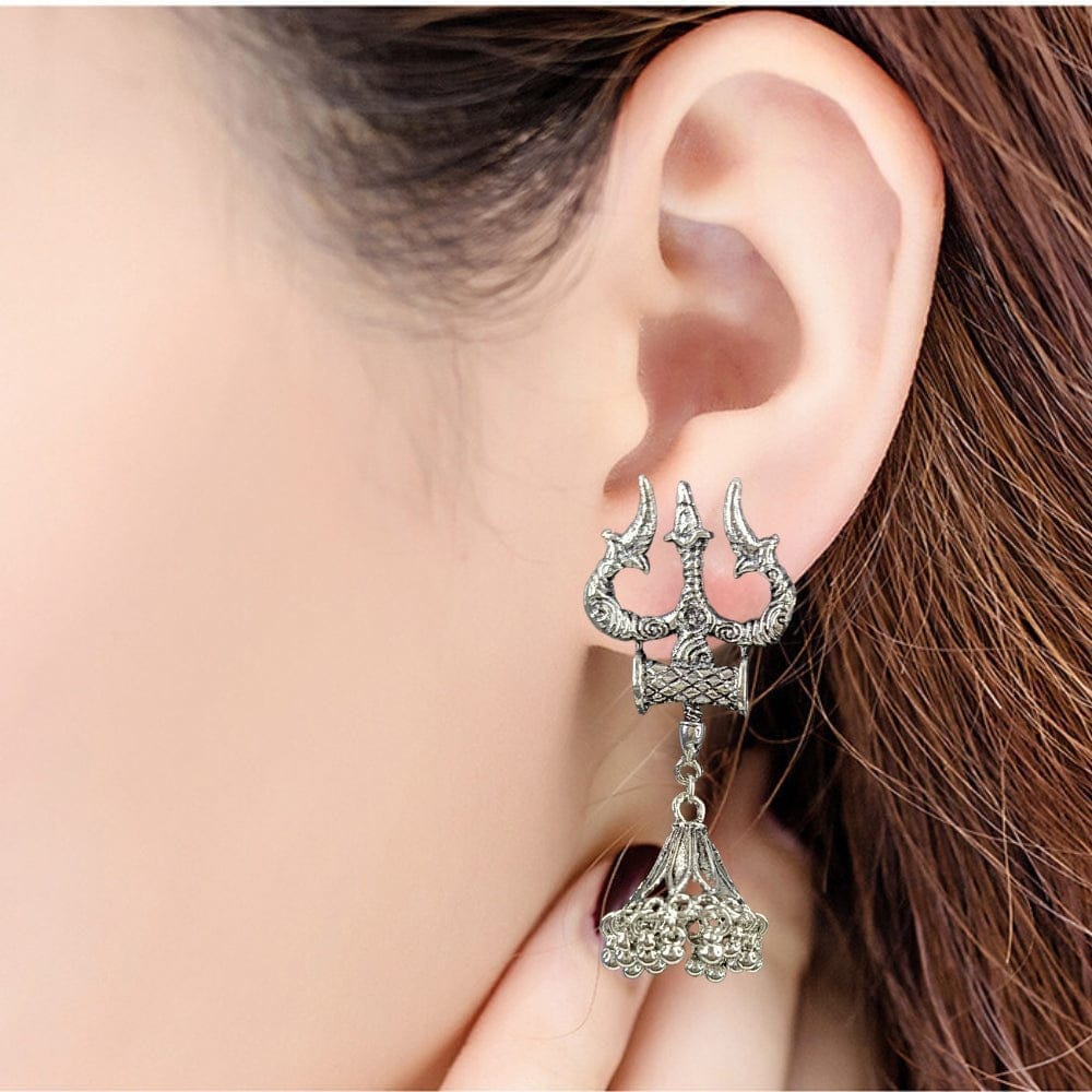 Jewelryklub Oxidised Silver Jhumka Earrings For Girls And Women Shiva Trishul Design view 2