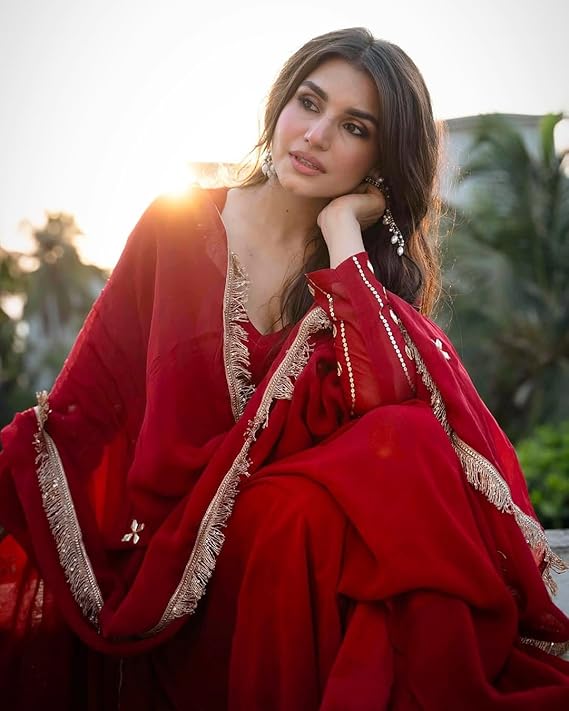 Womens Premium Red Georgette Embroidered Suit Set | Heavy Mirror Work Sleeves & Gotta Patti Dupatta view 2